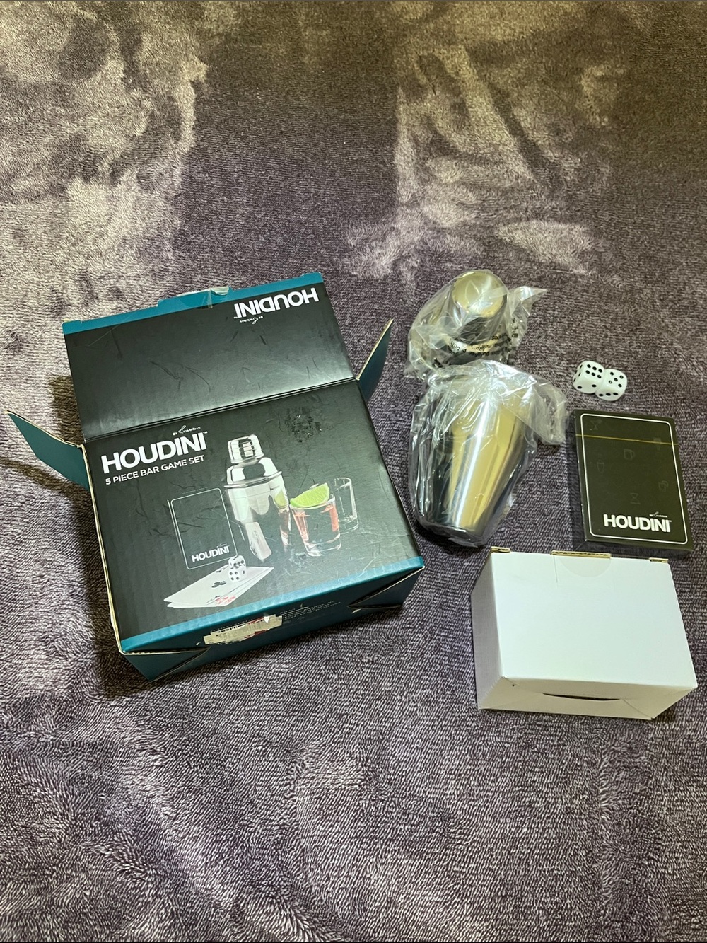 Houdini 5 Piece Bar Game Set Stainless Steel Shaker, Shot Glasses, Cards, 2Dice
